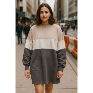 Boohoo Oversized Tri color Stripe Longline Pullover Sweater Size 6 pink cream